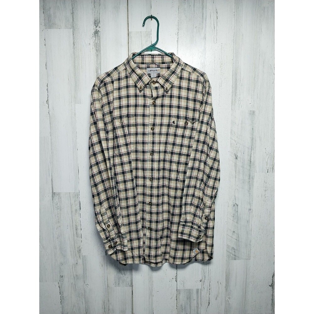 Carhartt Relaxed Fit Beige Plaid Long Sleeve Button Up Shirt Mens 2XL